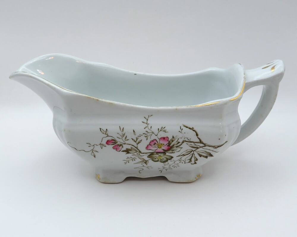 Antique Alfred Meakin England Gravy Boat Cherry Blossom Gold Trim Footed Creamer